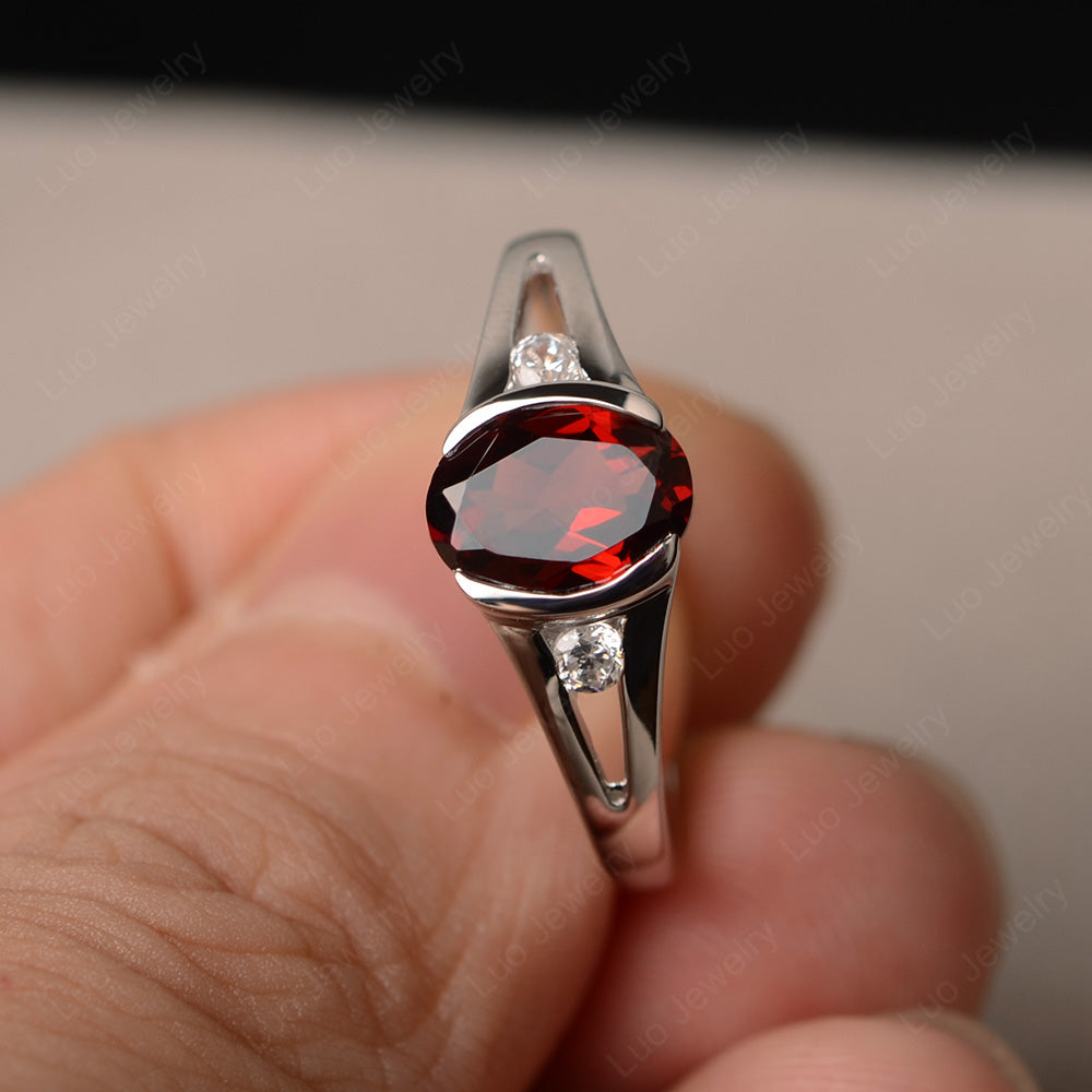 Half Bezel Set Oval Garnet Engagement Ring - LUO Jewelry
