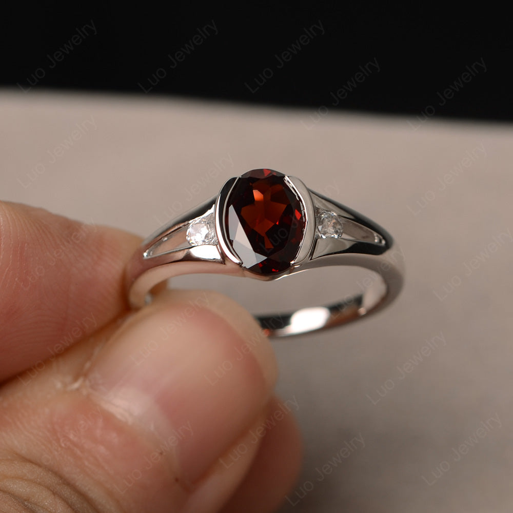 Half Bezel Set Oval Garnet Engagement Ring - LUO Jewelry