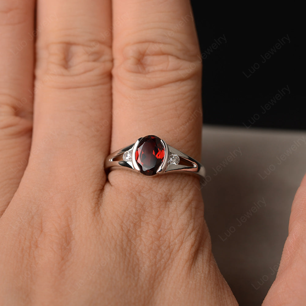 Half Bezel Set Oval Garnet Engagement Ring - LUO Jewelry