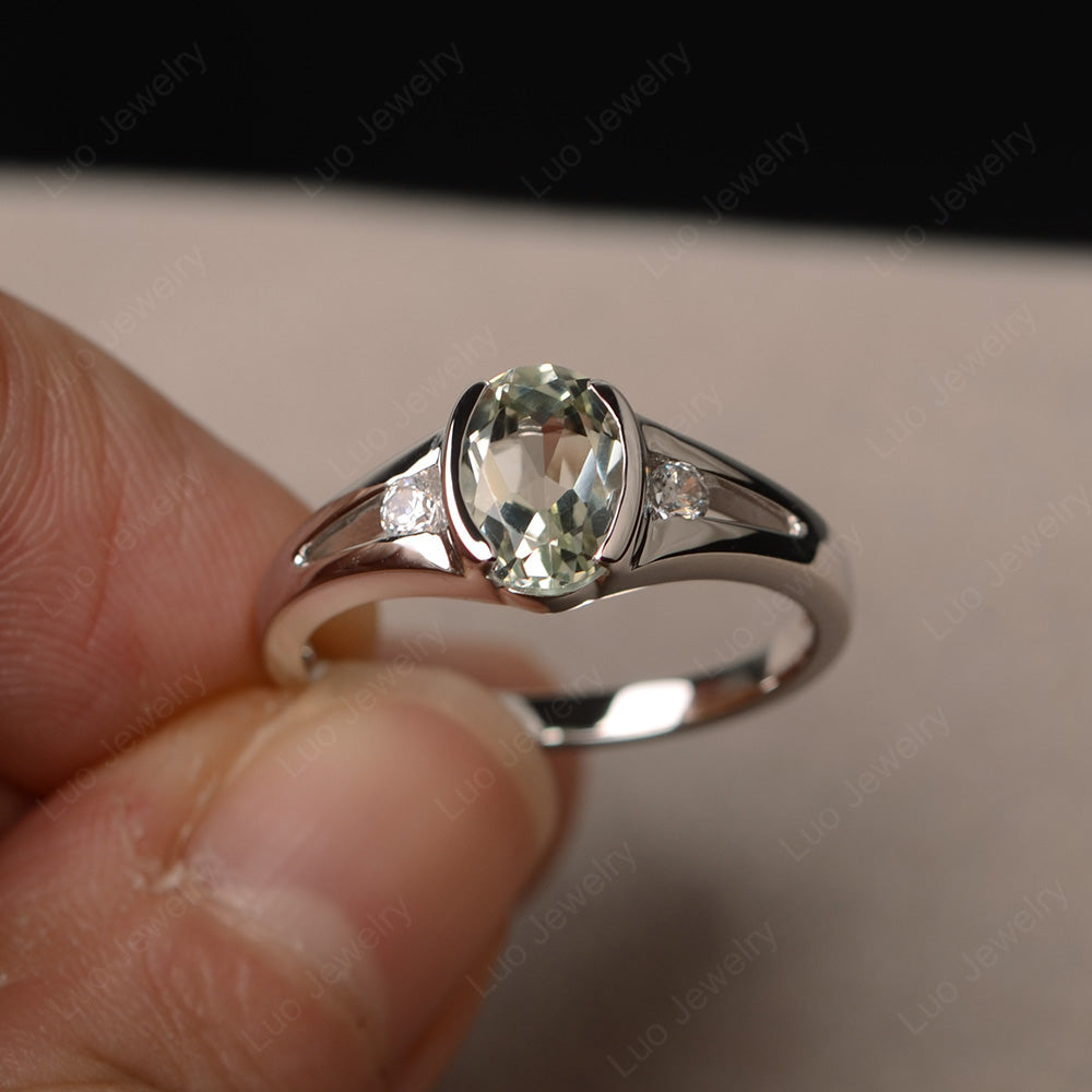Half Bezel Set Oval Green Amethyst Engagement Ring - LUO Jewelry