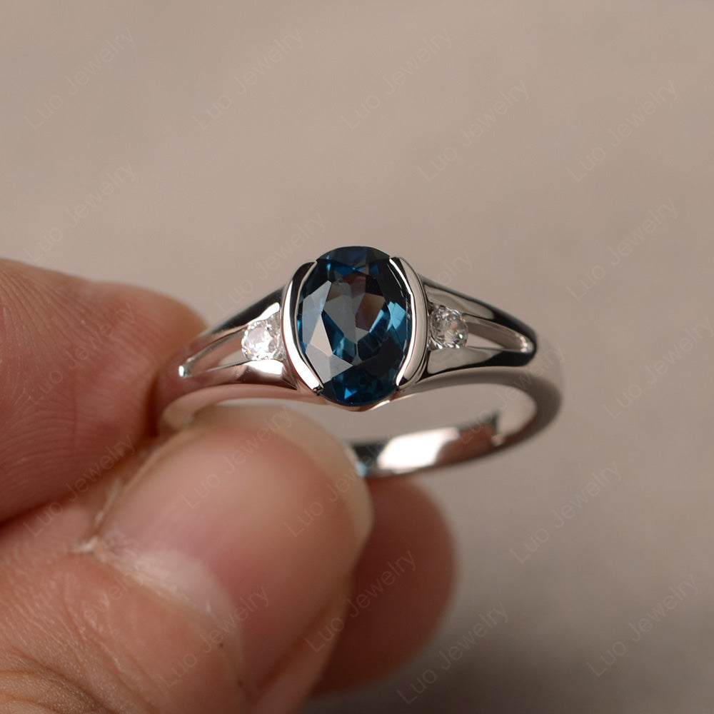 Half Bezel Set Oval London Blue Topaz Engagement Ring - LUO Jewelry