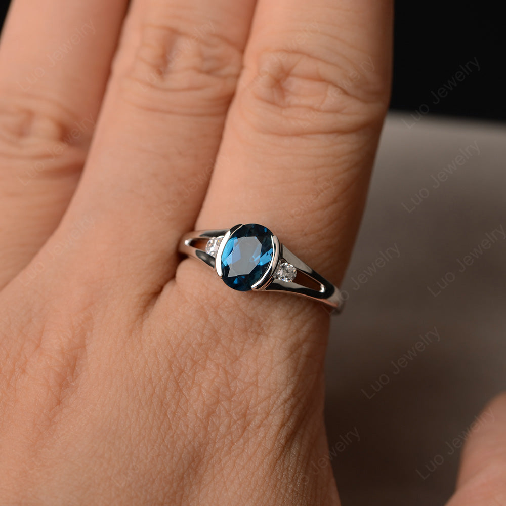 Half Bezel Set Oval London Blue Topaz Engagement Ring - LUO Jewelry