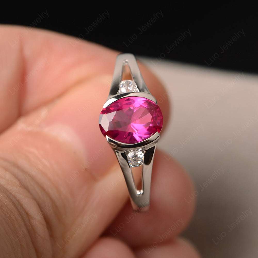 Half Bezel Set Oval Ruby Engagement Ring - LUO Jewelry
