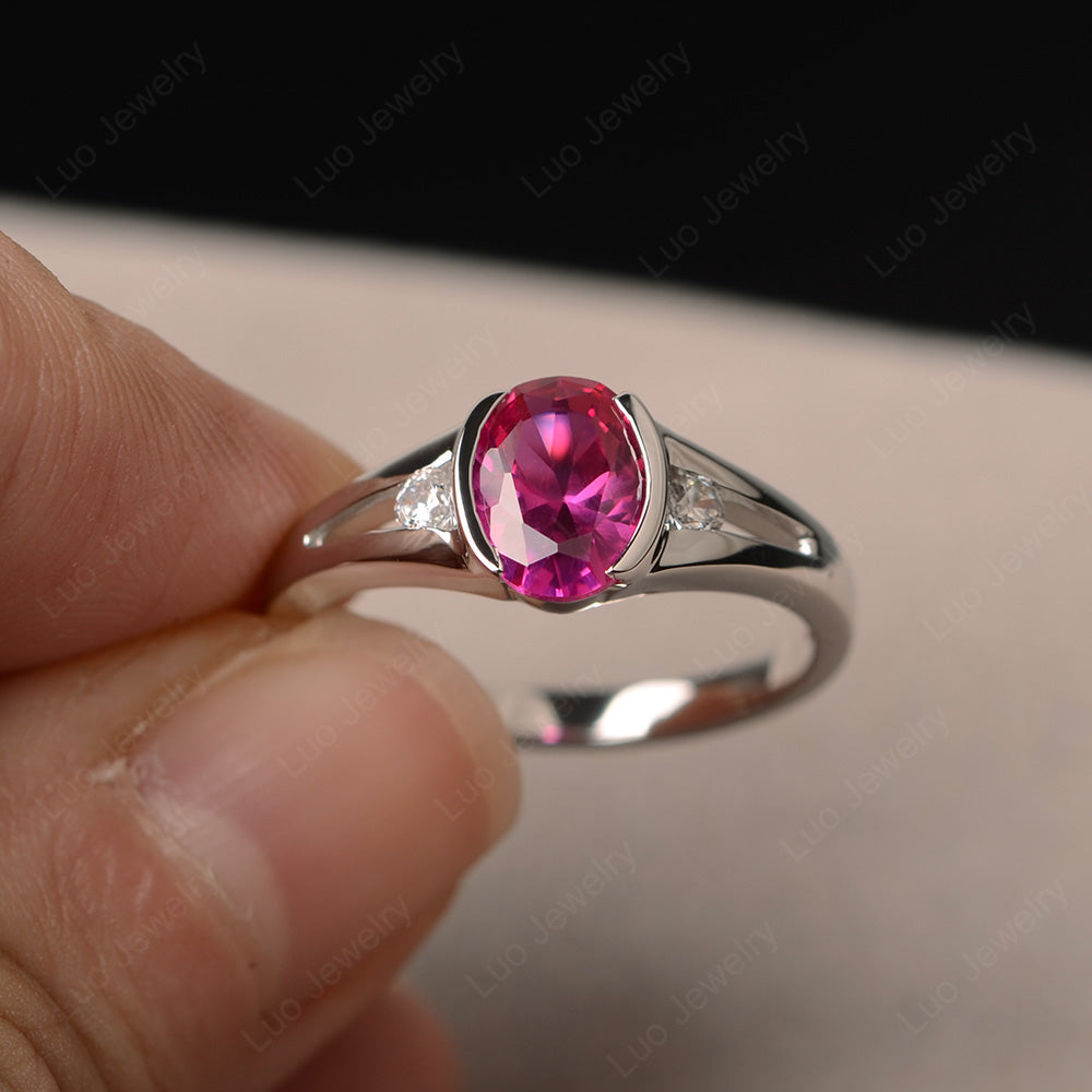 Half Bezel Set Oval Ruby Engagement Ring - LUO Jewelry