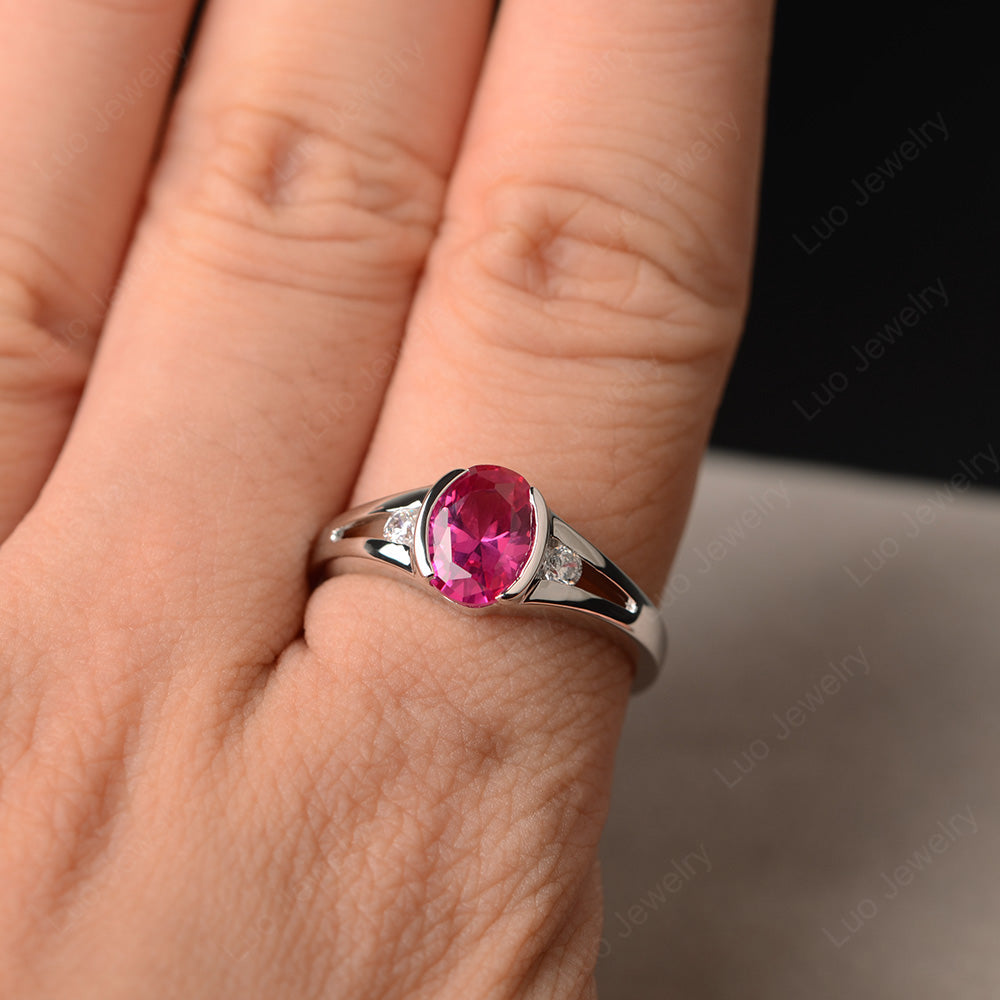 Half Bezel Set Oval Ruby Engagement Ring - LUO Jewelry