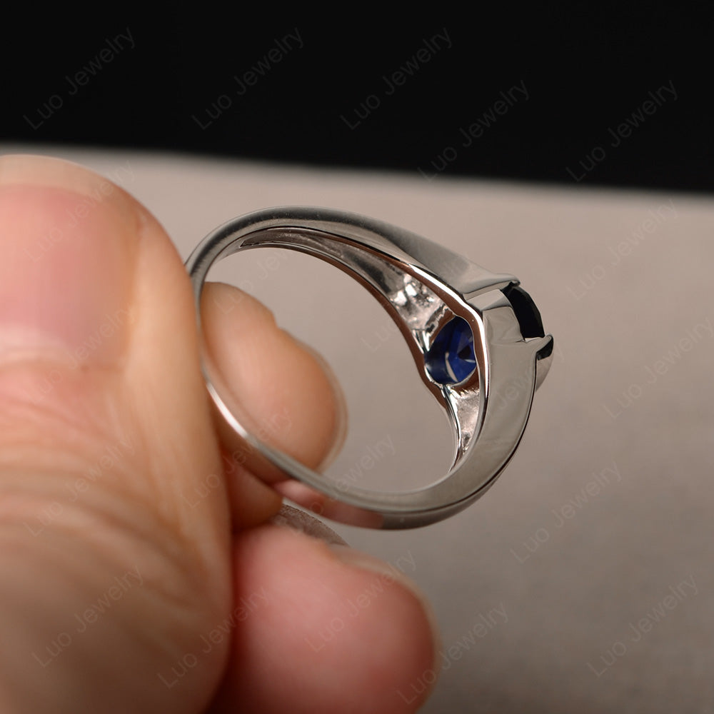 Half Bezel Set Oval Lab Sapphire Engagement Ring - LUO Jewelry