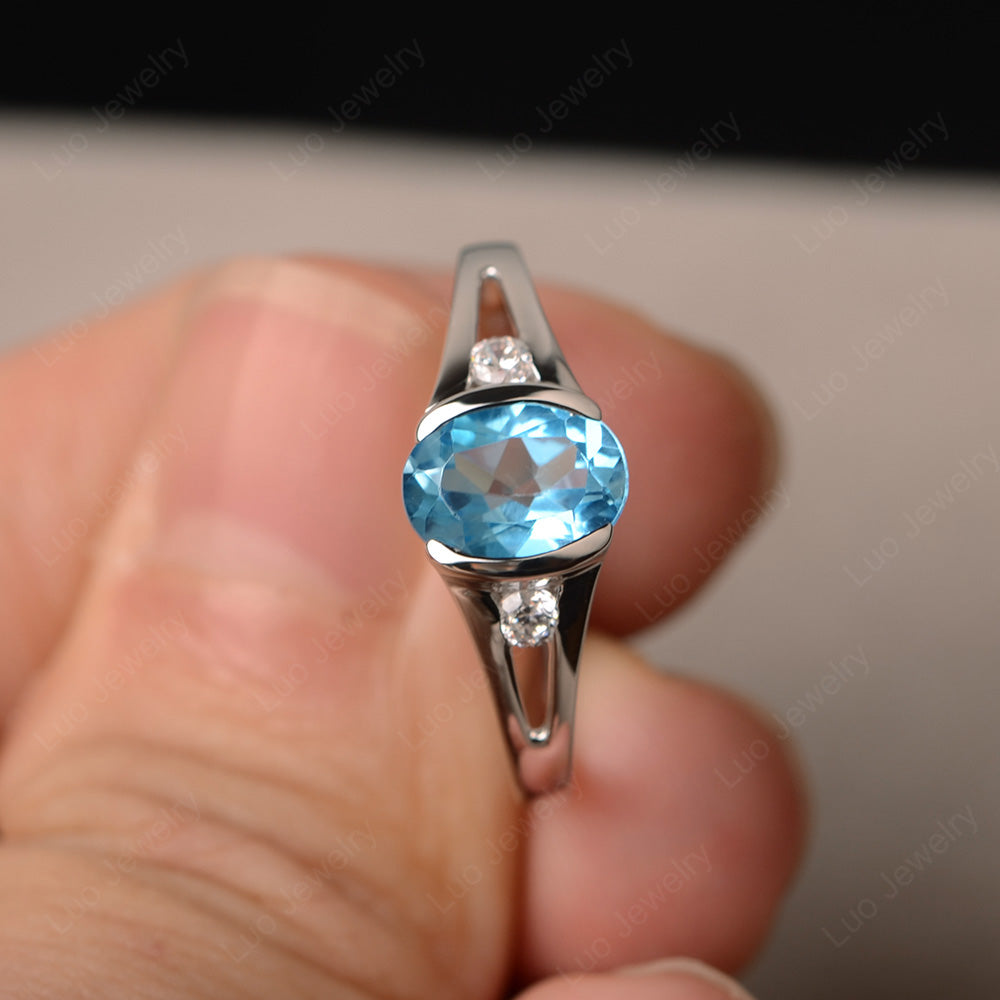 Half Bezel Set Oval Swiss Blue Topaz Engagement Ring - LUO Jewelry