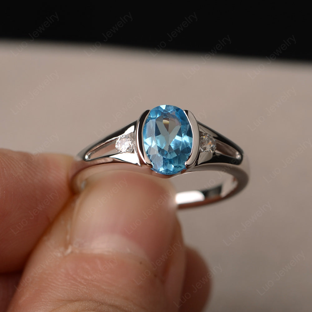 Half Bezel Set Oval Swiss Blue Topaz Engagement Ring - LUO Jewelry