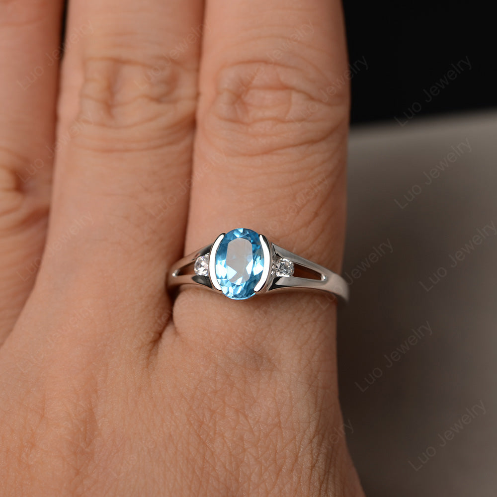 Half Bezel Set Oval Swiss Blue Topaz Engagement Ring - LUO Jewelry