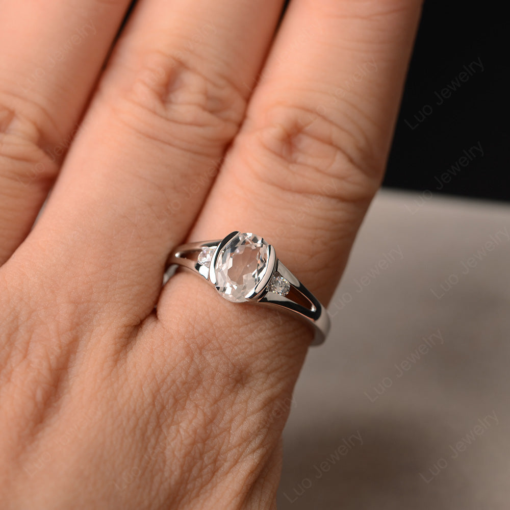 Half Bezel Set Oval White Topaz Engagement Ring - LUO Jewelry