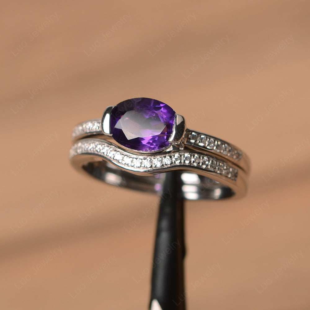 Oval Cut East West Amethyst Bridal Set Ring - LUO Jewelry