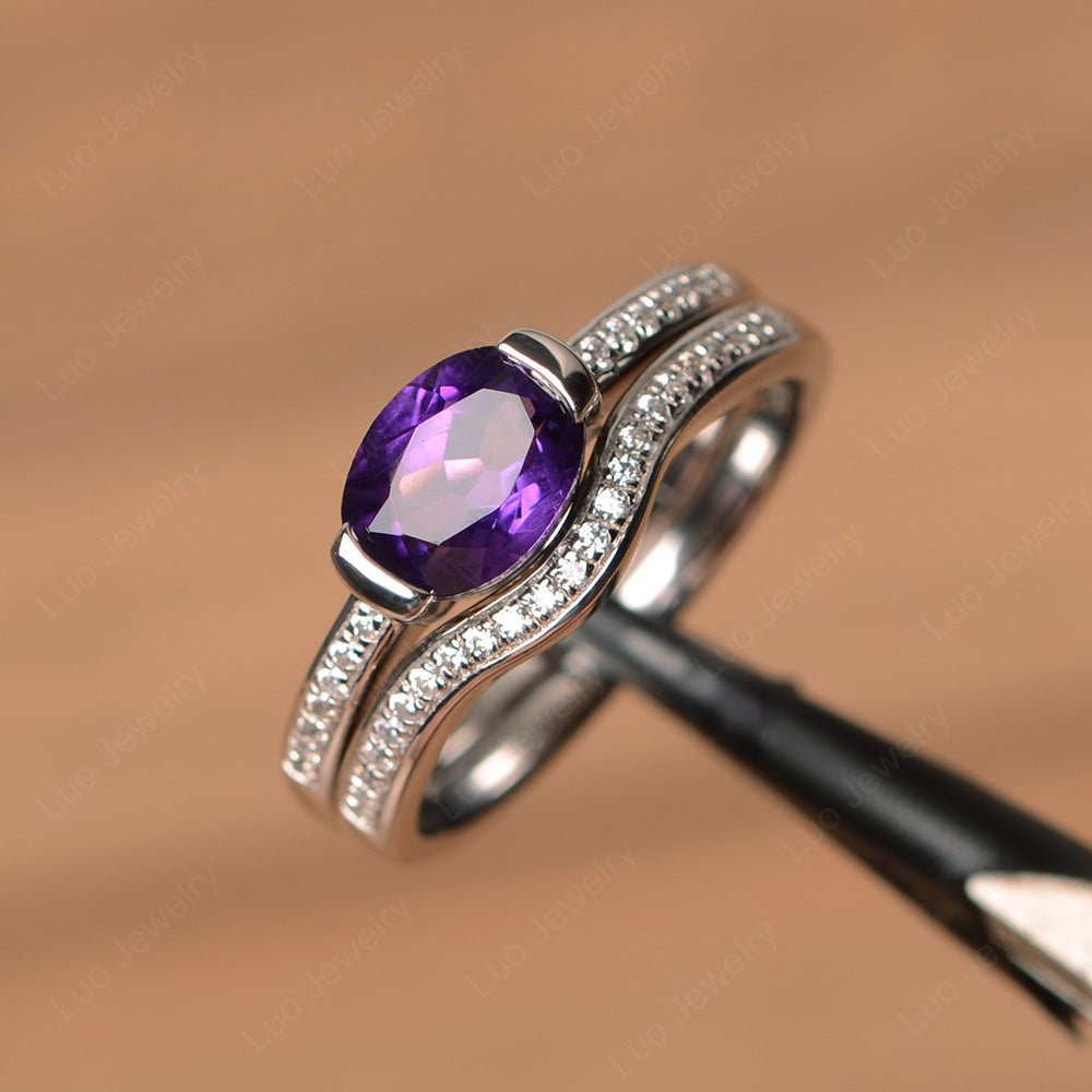 Oval Cut East West Amethyst Bridal Set Ring - LUO Jewelry