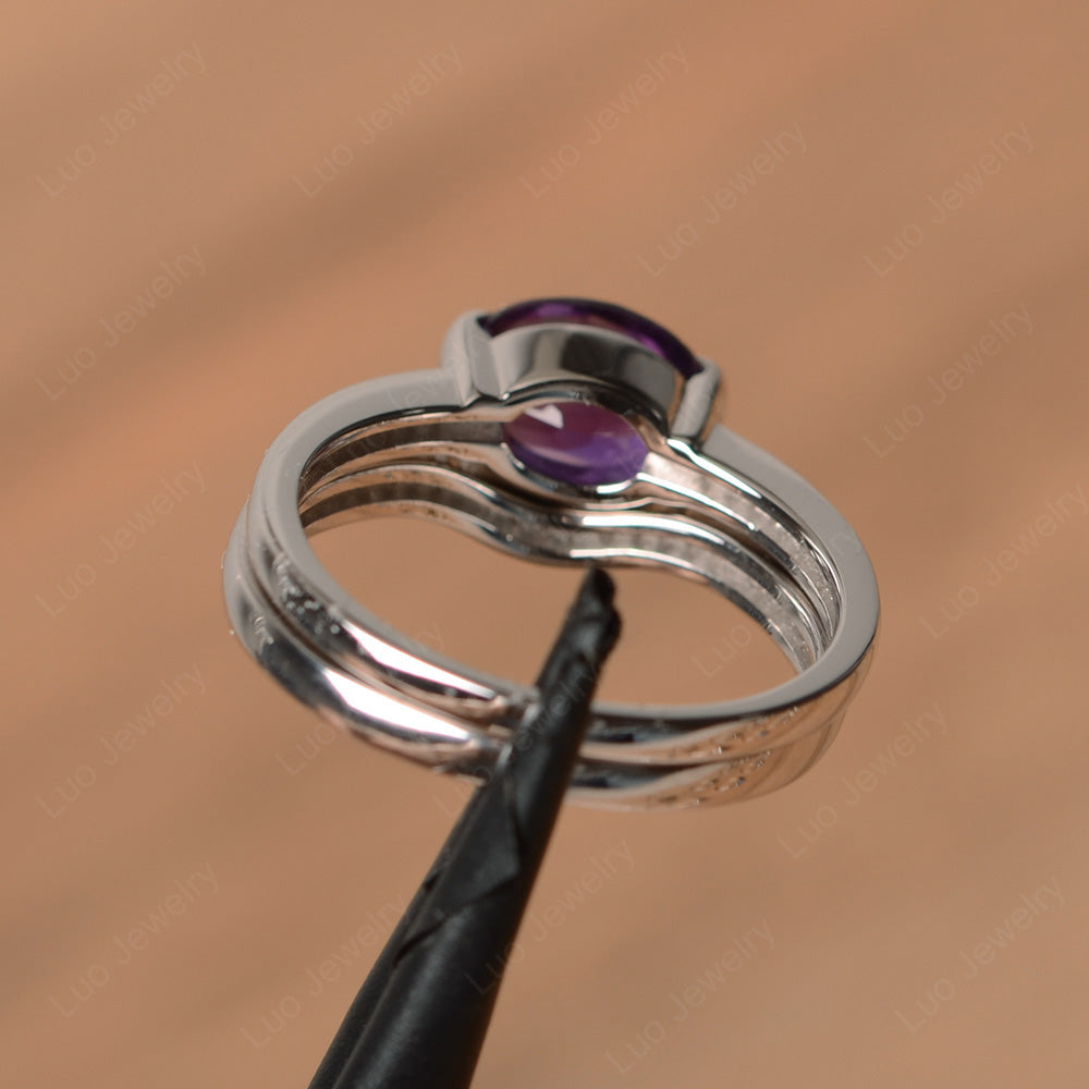Oval Cut East West Amethyst Bridal Set Ring - LUO Jewelry