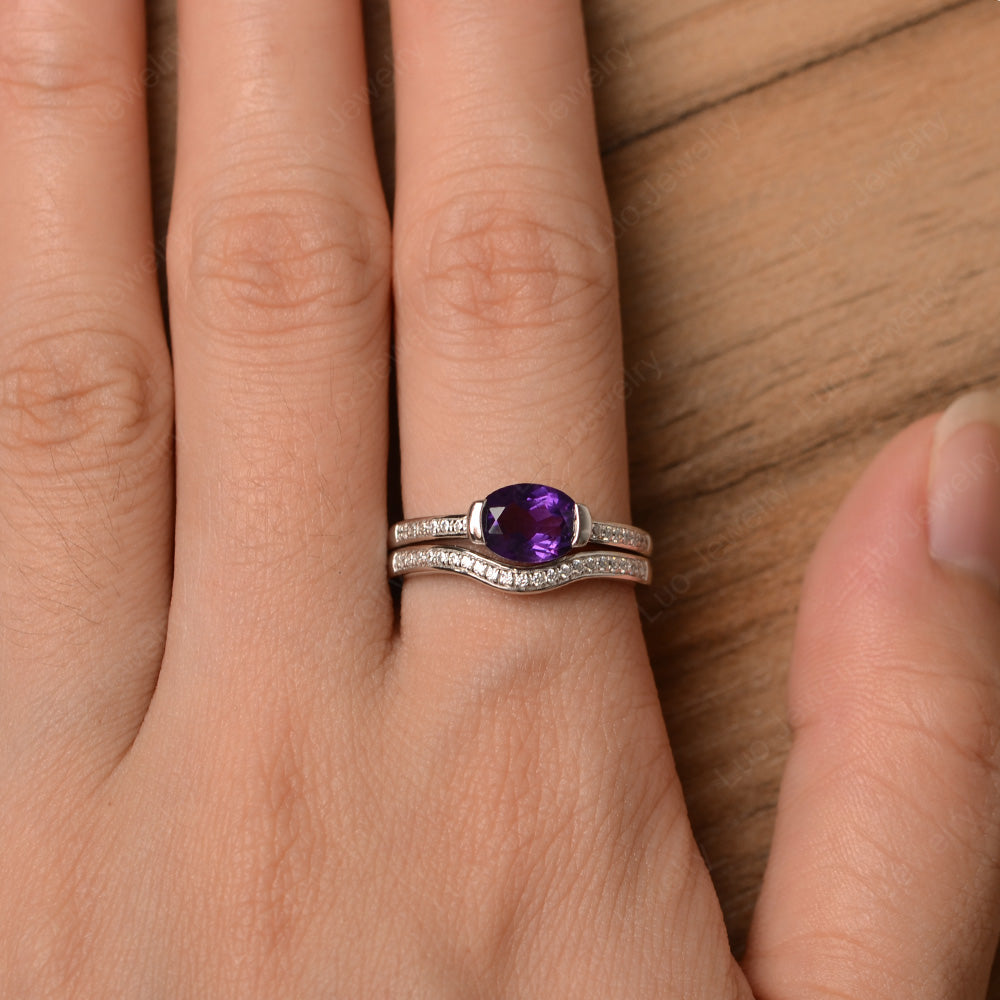 Oval Cut East West Amethyst Bridal Set Ring - LUO Jewelry