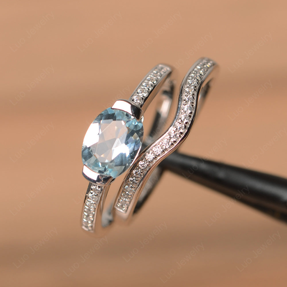 Oval Cut East West Aquamarine Bridal Set Ring - LUO Jewelry