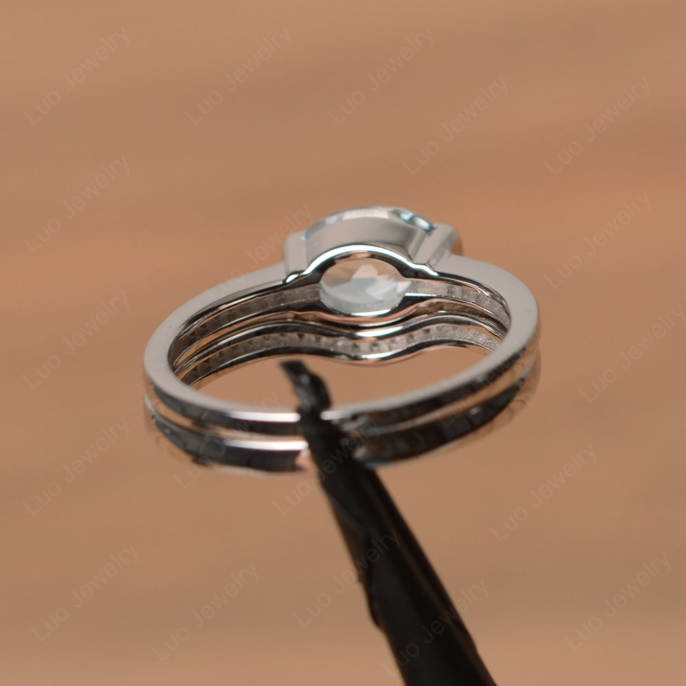 Oval Cut East West Aquamarine Bridal Set Ring - LUO Jewelry