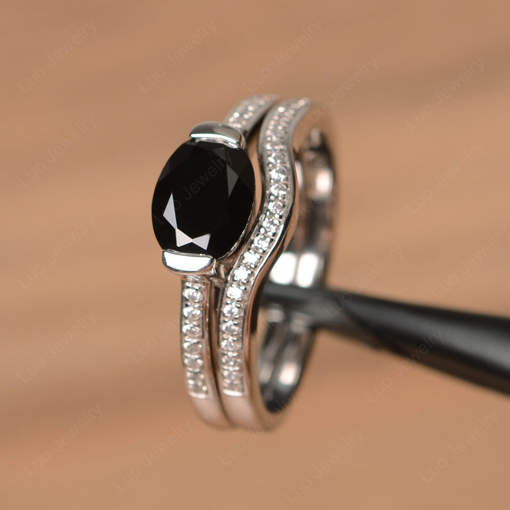 Oval Cut East West Black Spinel Bridal Set Ring - LUO Jewelry