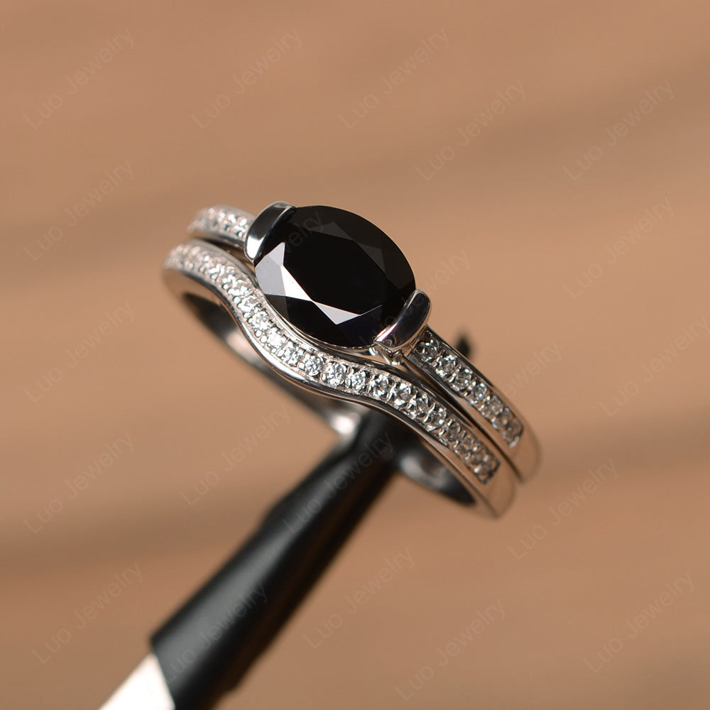 Oval Cut East West Black Spinel Bridal Set Ring - LUO Jewelry