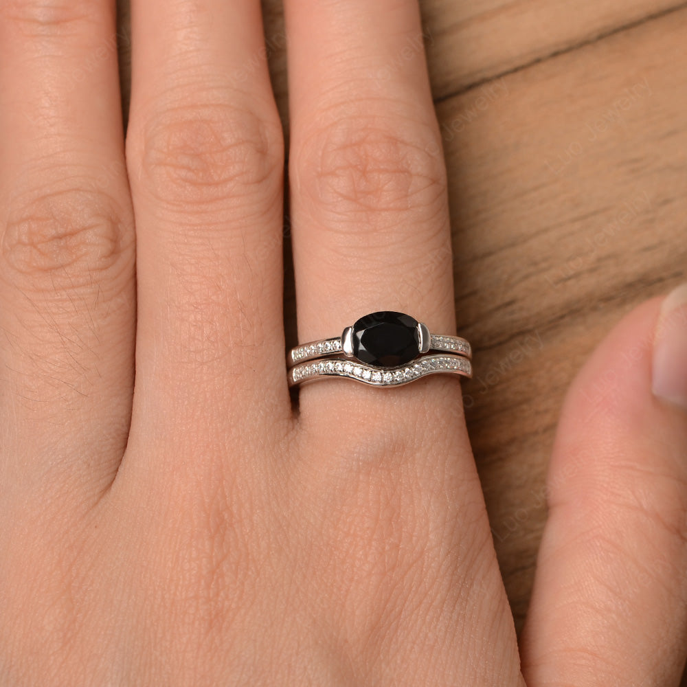 Oval Cut East West Black Spinel Bridal Set Ring - LUO Jewelry
