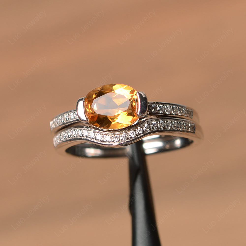 Oval Cut East West Citrine Bridal Set Ring - LUO Jewelry