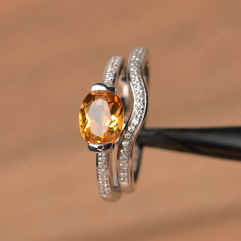 Oval Cut East West Citrine Bridal Set Ring - LUO Jewelry