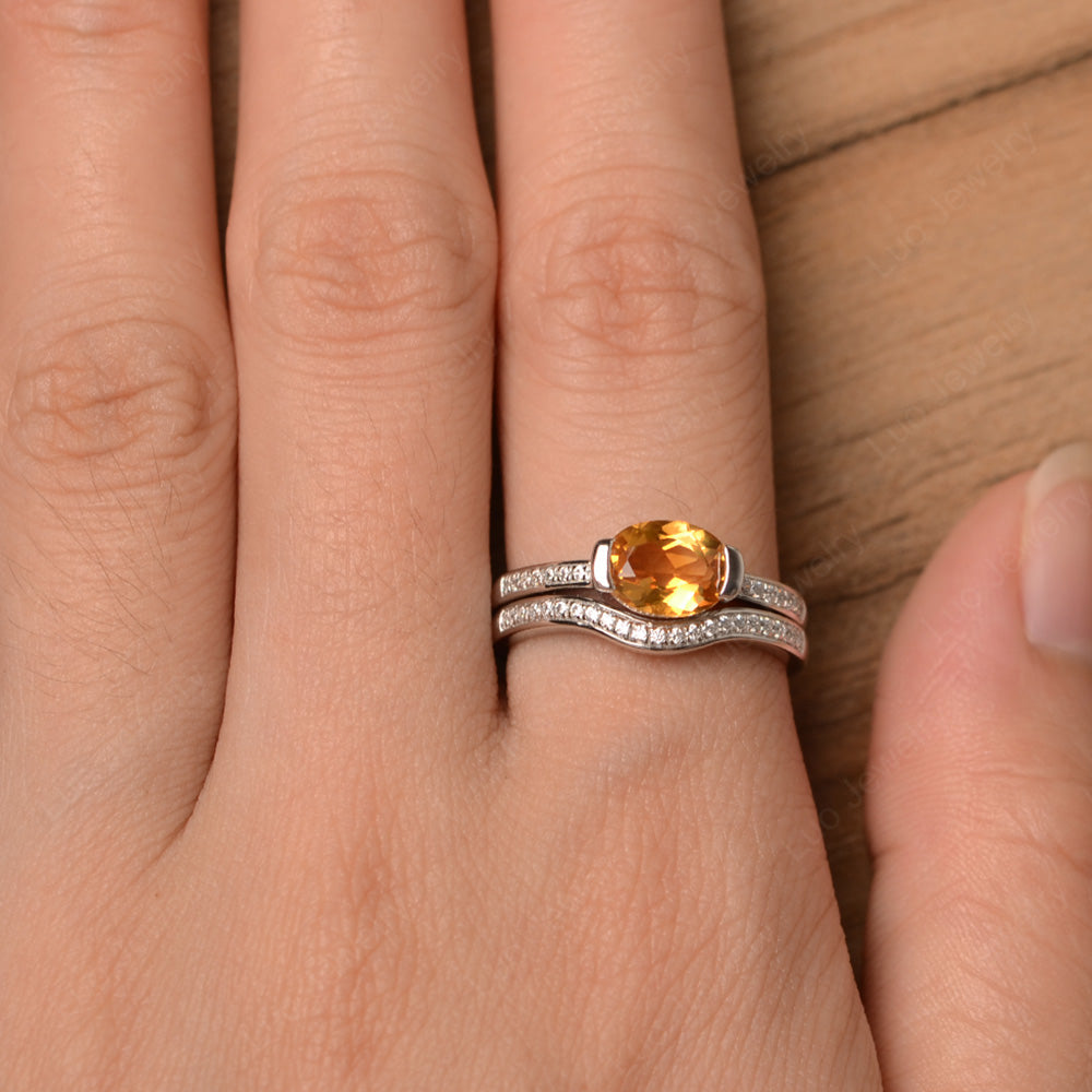Oval Cut East West Citrine Bridal Set Ring - LUO Jewelry