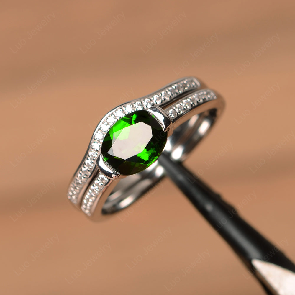 Oval Cut East West Diopside Bridal Set Ring - LUO Jewelry