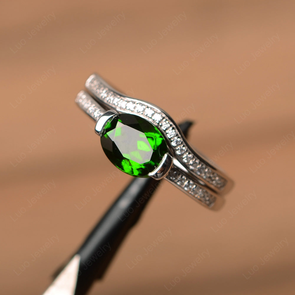 Oval Cut East West Diopside Bridal Set Ring - LUO Jewelry