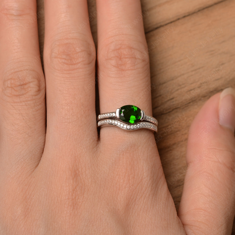 Oval Cut East West Diopside Bridal Set Ring - LUO Jewelry