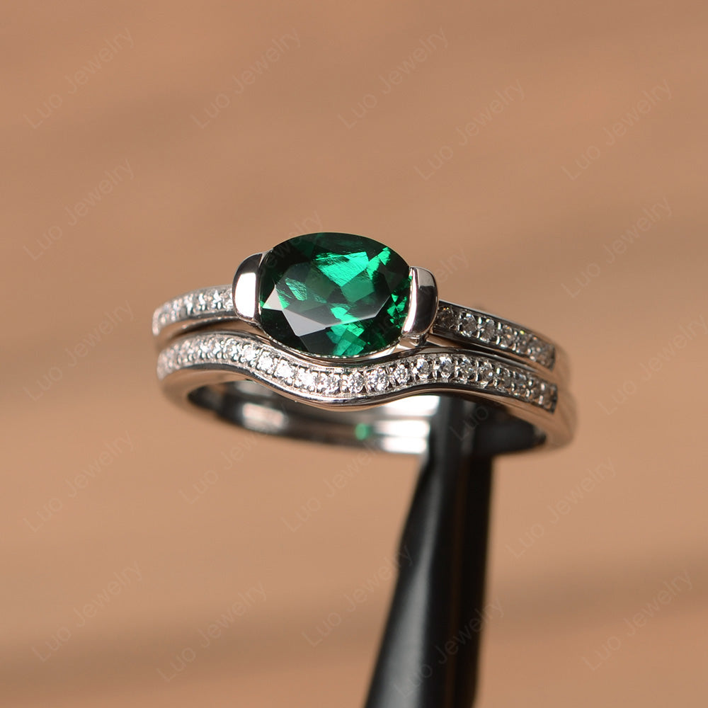 Oval Cut East West Lab Emerald Bridal Set Ring - LUO Jewelry