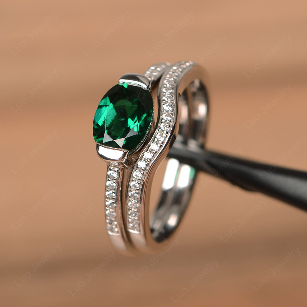 Oval Cut East West Lab Emerald Bridal Set Ring - LUO Jewelry