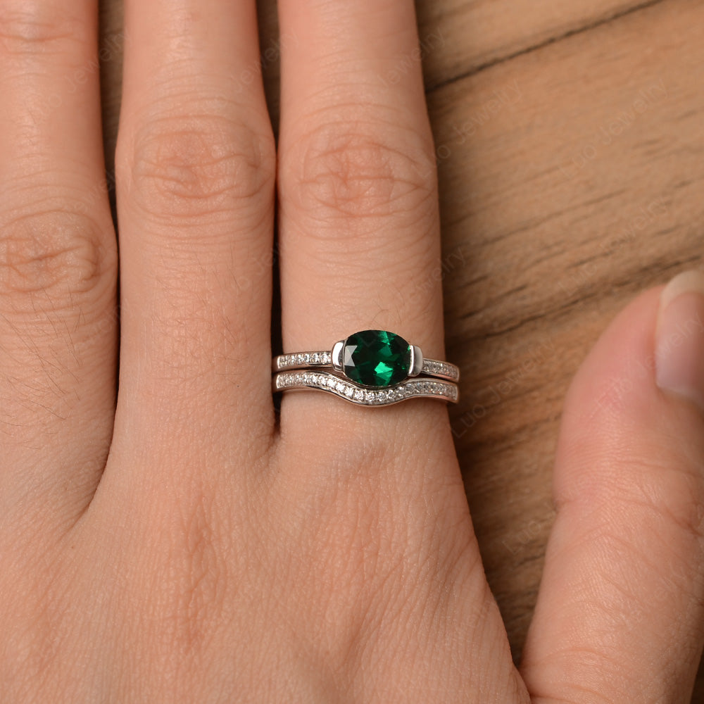 Oval Cut East West Lab Emerald Bridal Set Ring - LUO Jewelry