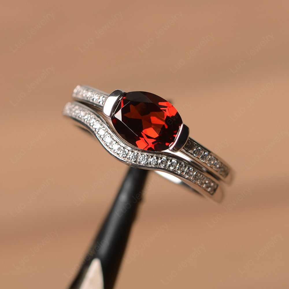 Oval Cut East West Garnet Bridal Set Ring - LUO Jewelry