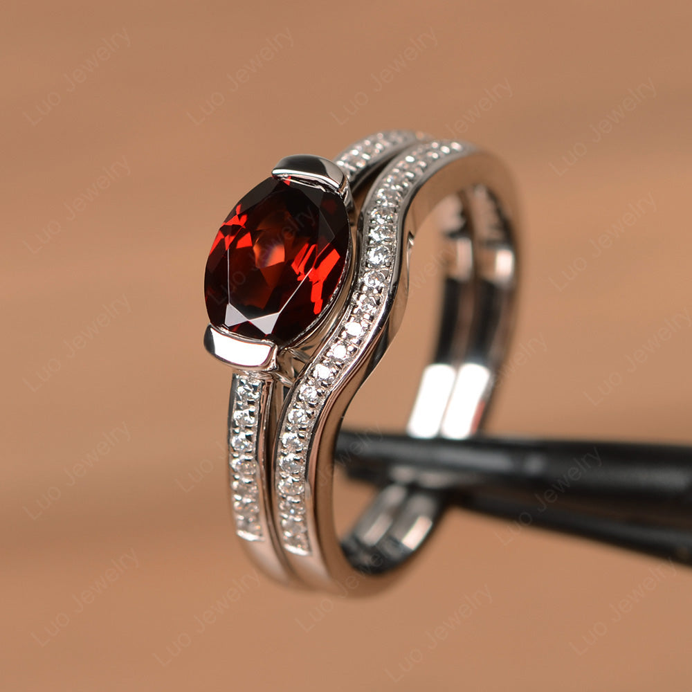 Oval Cut East West Garnet Bridal Set Ring - LUO Jewelry