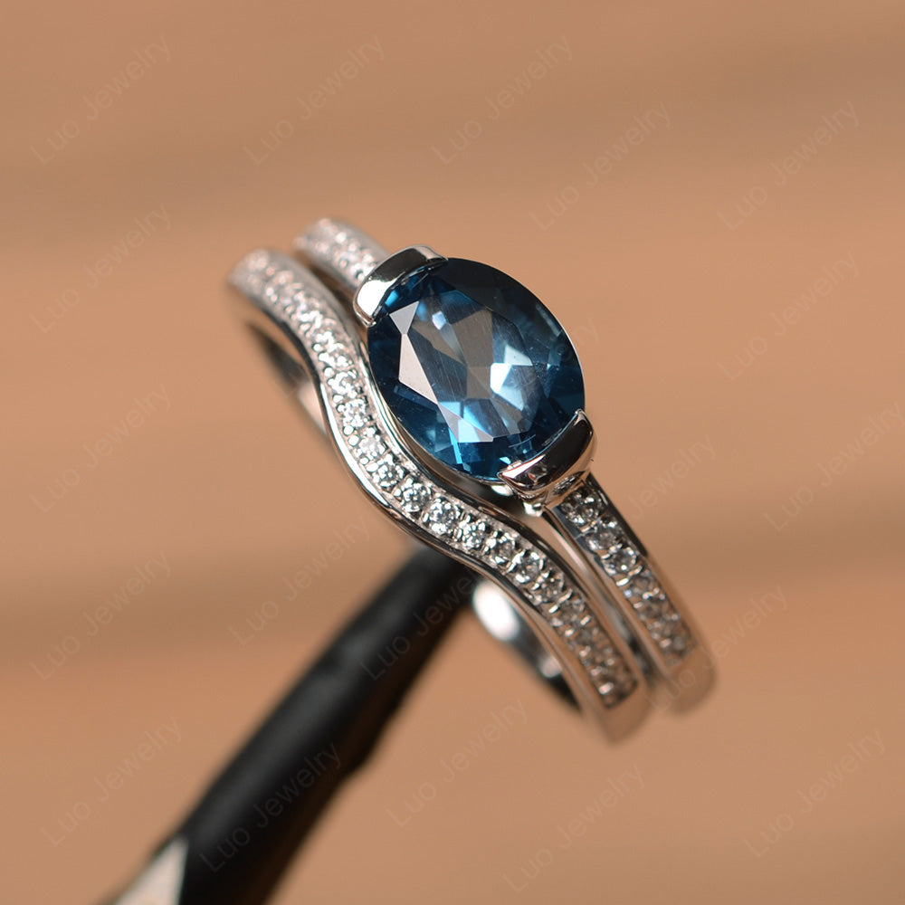 Oval Cut East West London Blue Topaz Bridal Set Ring - LUO Jewelry