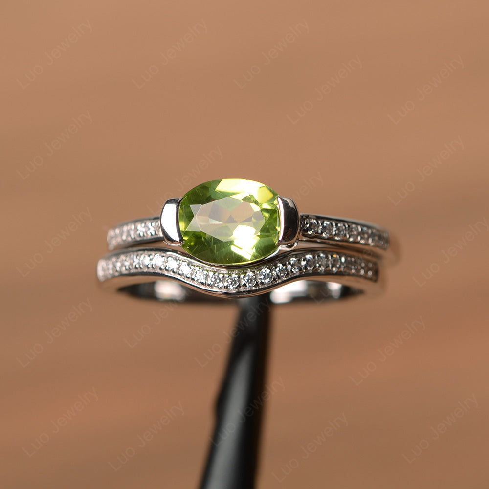 Oval Cut East West Peridot Bridal Set Ring - LUO Jewelry