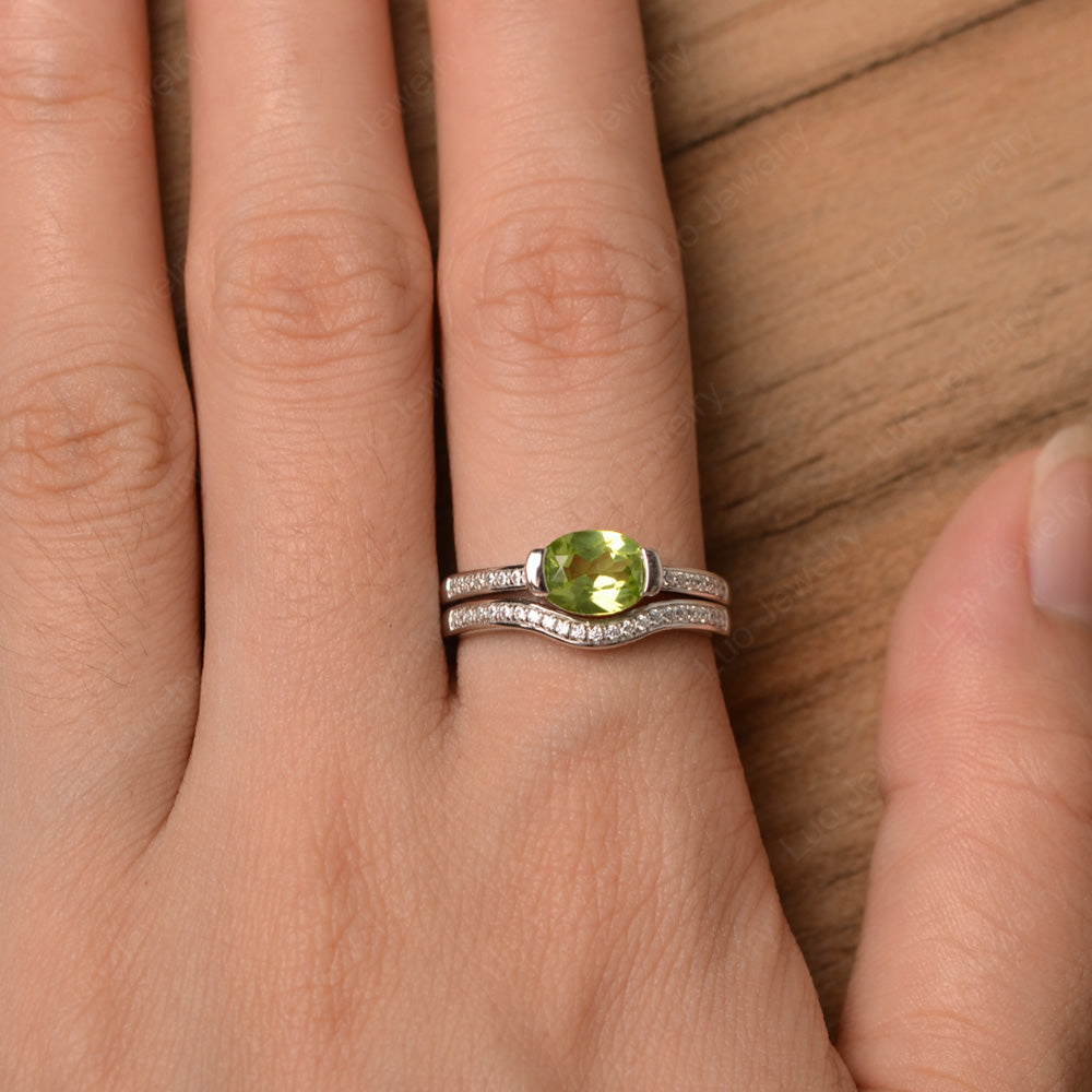 Oval Cut East West Peridot Bridal Set Ring - LUO Jewelry