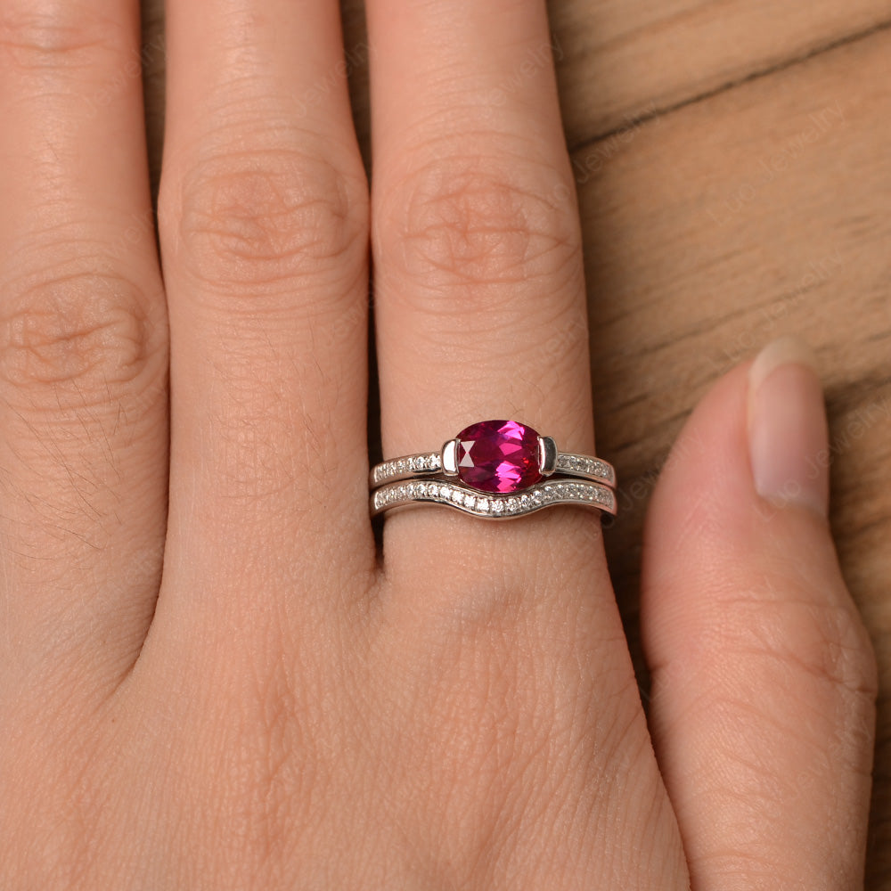 Oval Cut East West Ruby Bridal Set Ring - LUO Jewelry