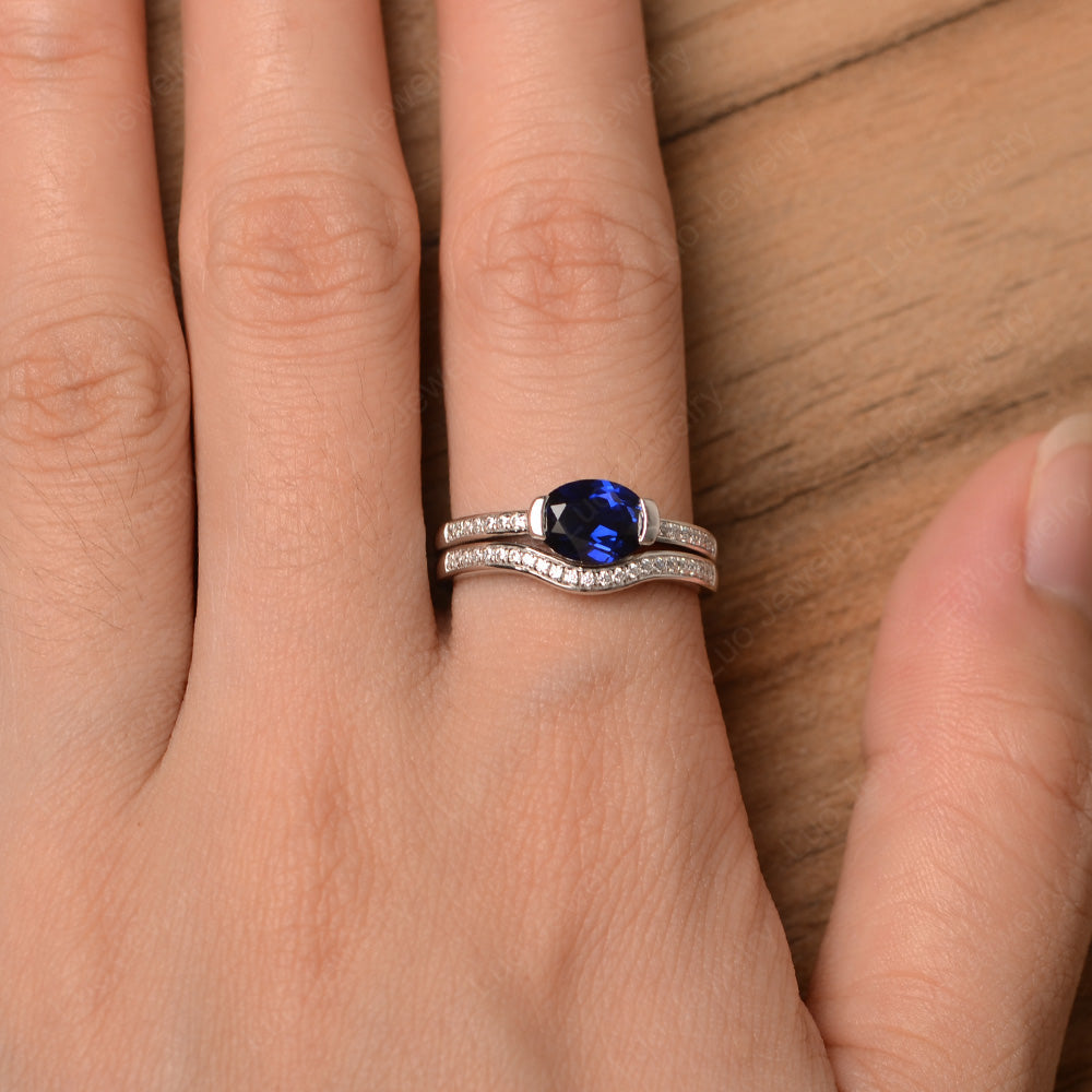 Oval Cut East West Lab Sapphire Bridal Set Ring - LUO Jewelry