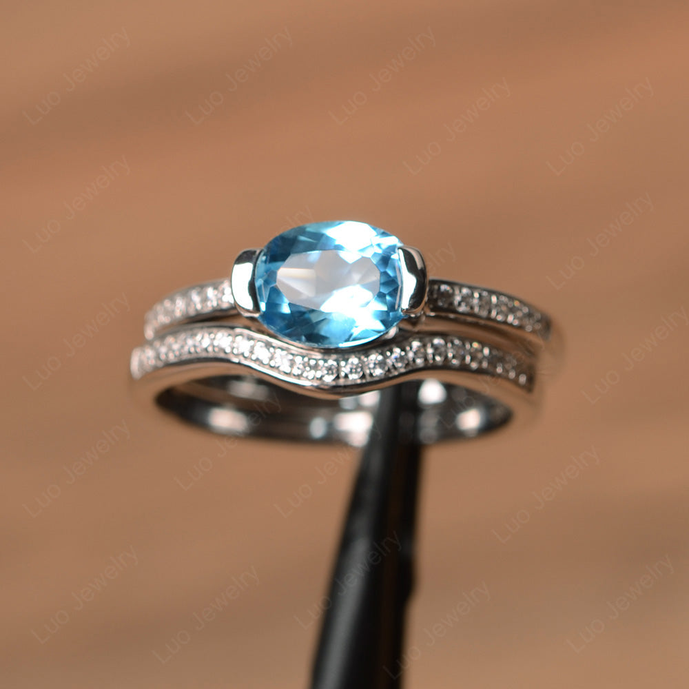 Oval Cut East West Swiss Blue Topaz Bridal Set Ring - LUO Jewelry