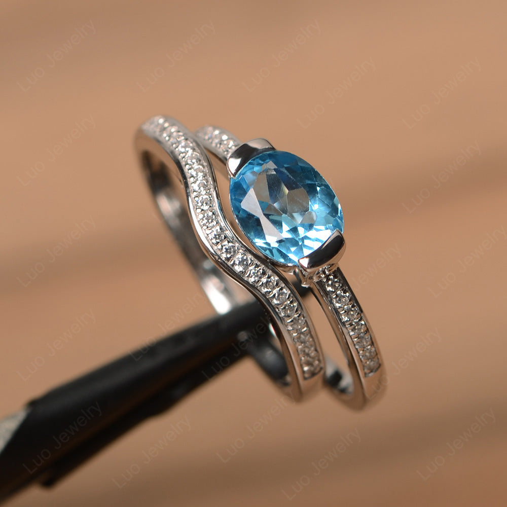 Oval Cut East West Swiss Blue Topaz Bridal Set Ring - LUO Jewelry