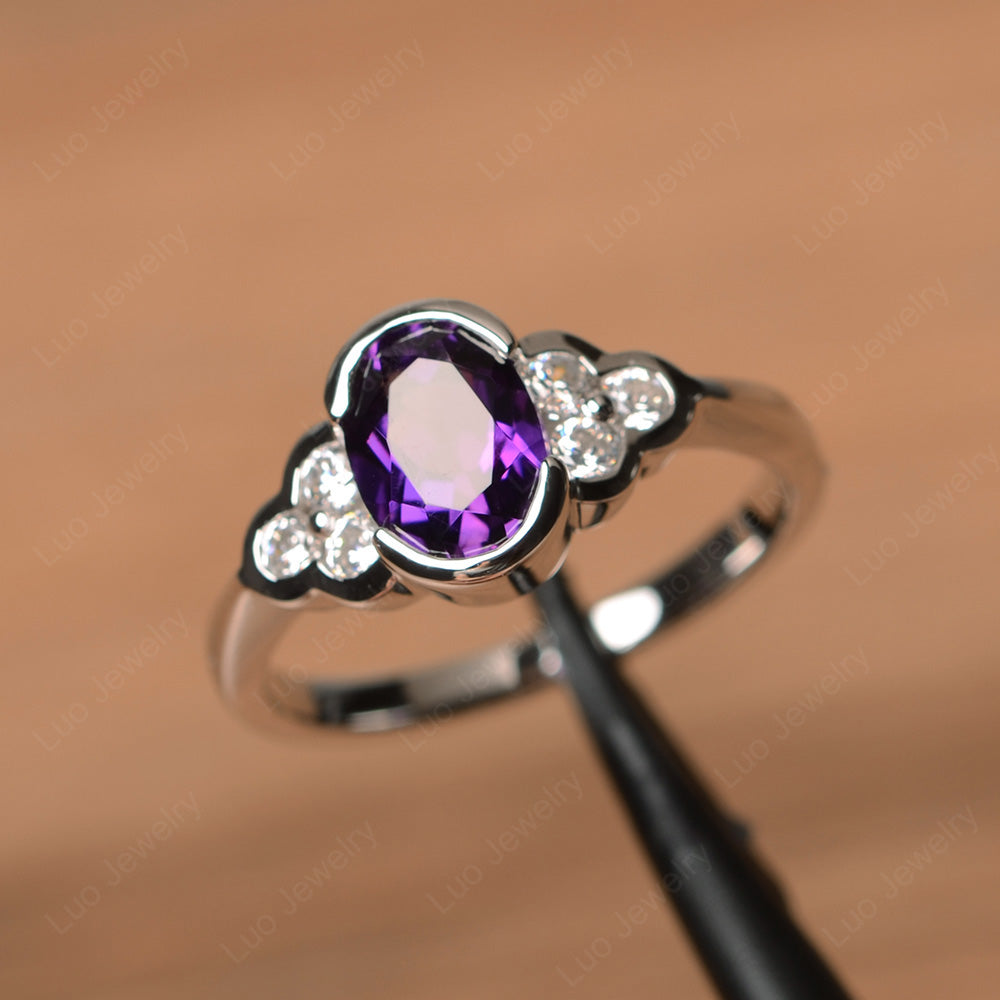 Oval Cut Bezel Set Amethyst Engagement Ring - LUO Jewelry