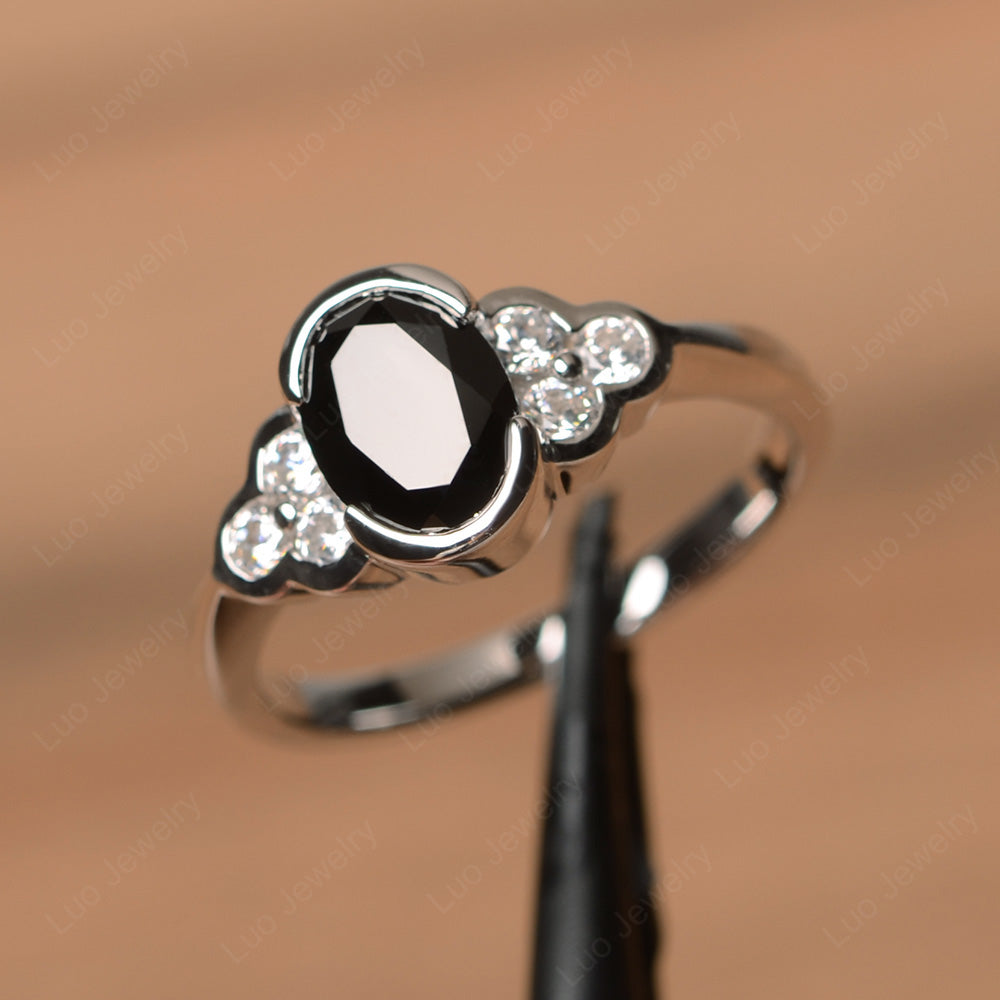 Oval Cut Bezel Set Black Spinel Engagement Ring - LUO Jewelry