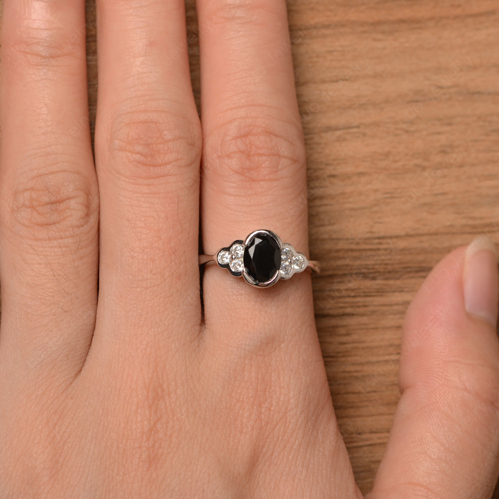 Oval Cut Bezel Set Black Spinel Engagement Ring - LUO Jewelry