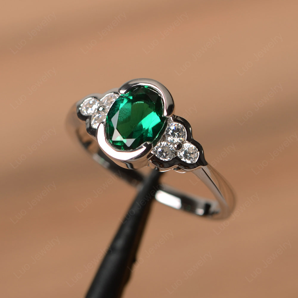 Oval Cut Bezel Set Lab Emerald Engagement Ring - LUO Jewelry