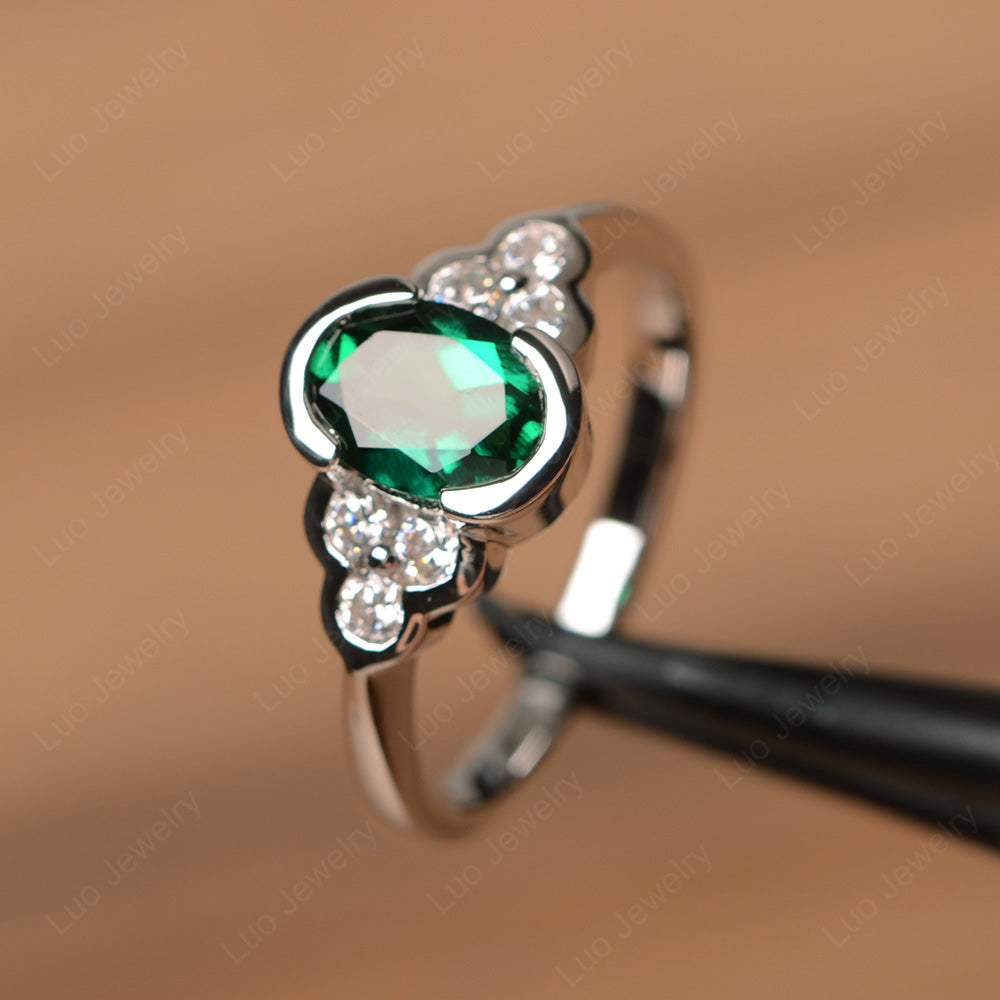 Oval Cut Bezel Set Lab Emerald Engagement Ring - LUO Jewelry