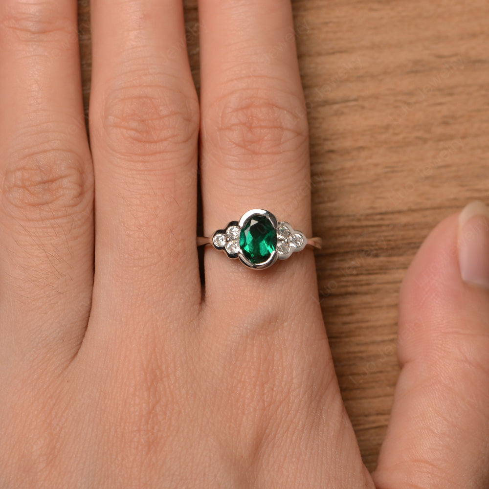 Oval Cut Bezel Set Lab Emerald Engagement Ring - LUO Jewelry