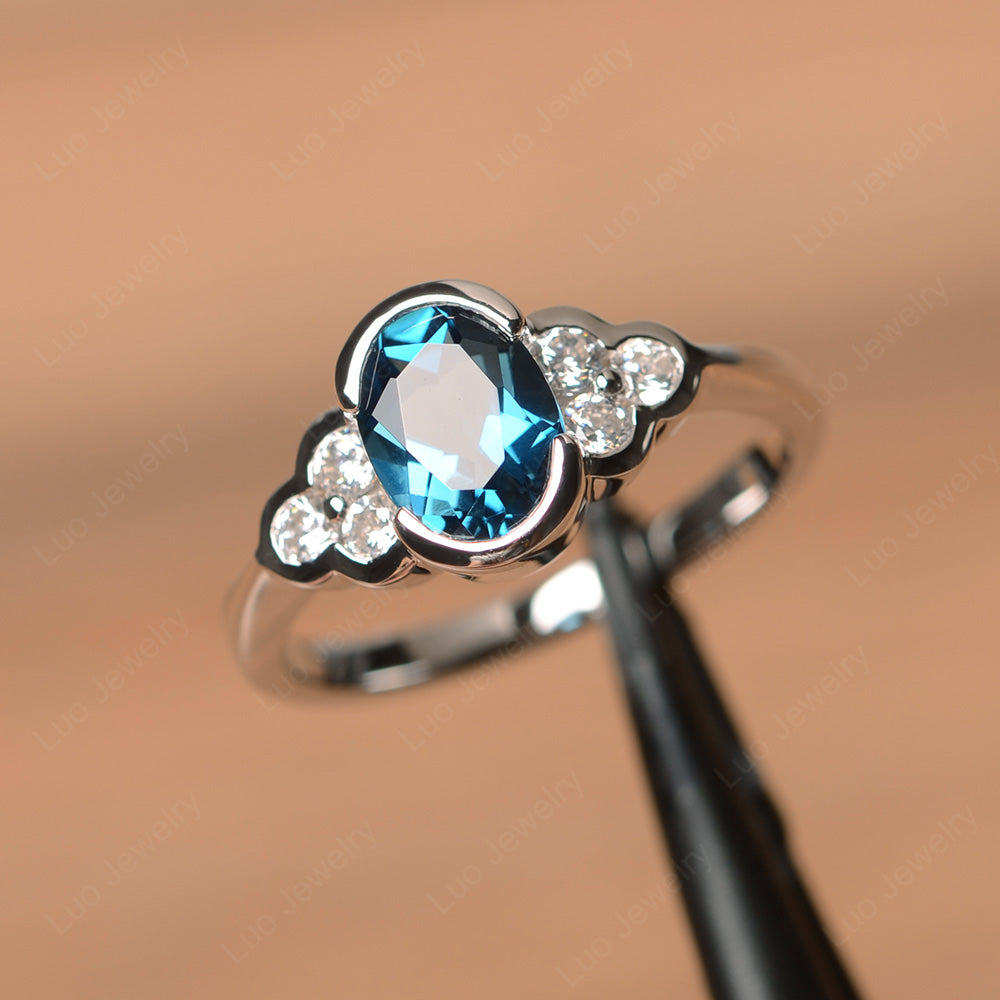 Oval Cut Bezel Set London Blue Topaz Engagement Ring - LUO Jewelry