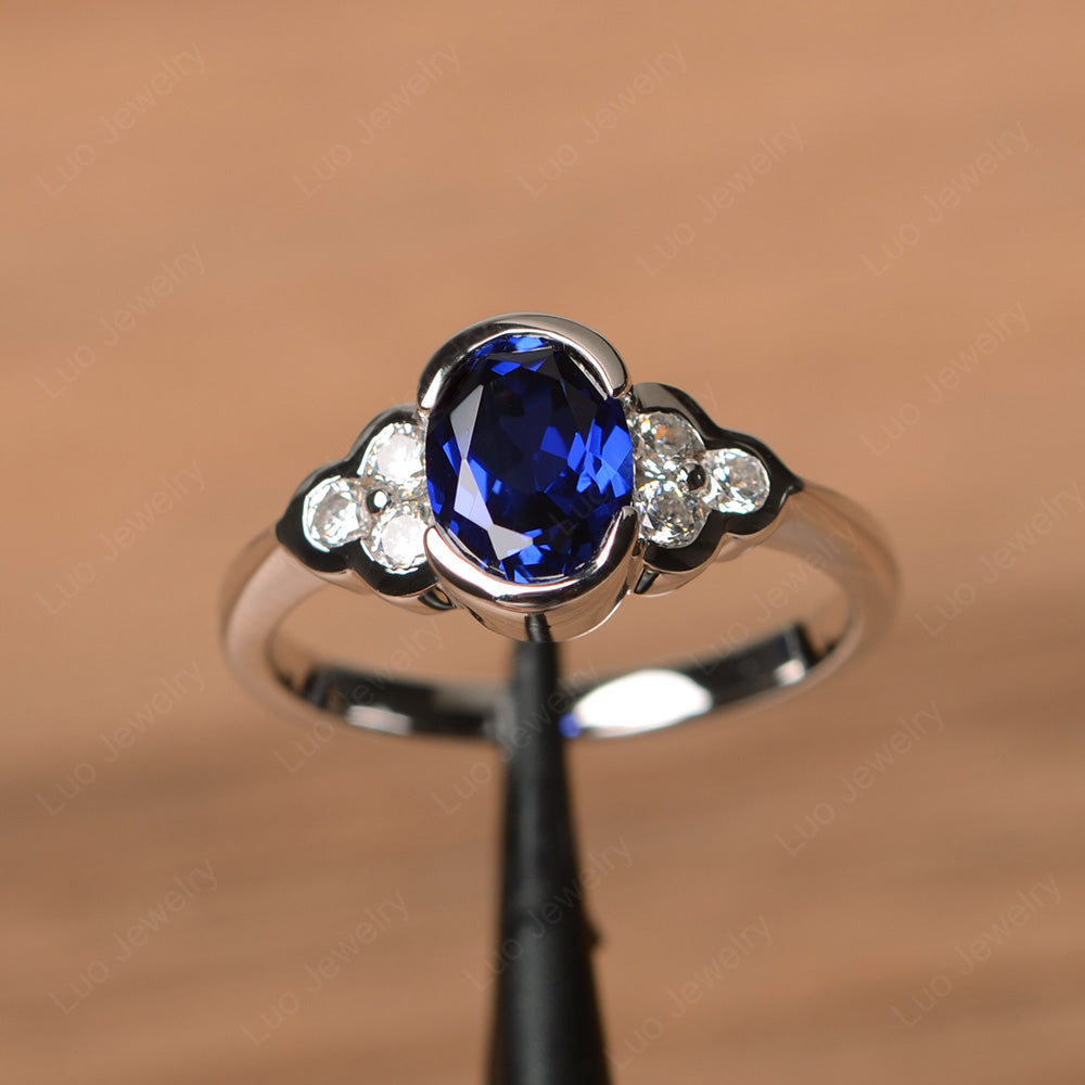 Oval Cut Bezel Set Lab Sapphire Engagement Ring - LUO Jewelry