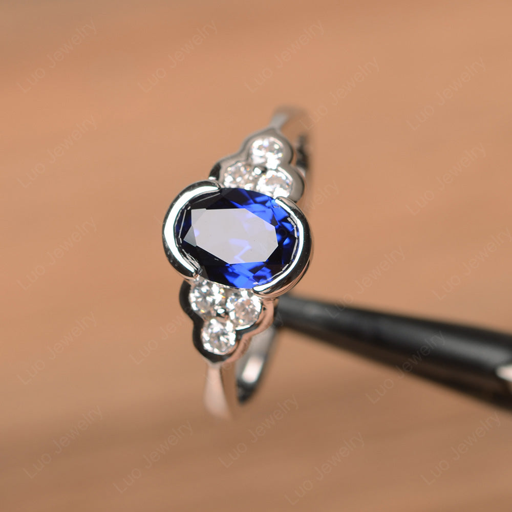 Oval Cut Bezel Set Lab Sapphire Engagement Ring - LUO Jewelry